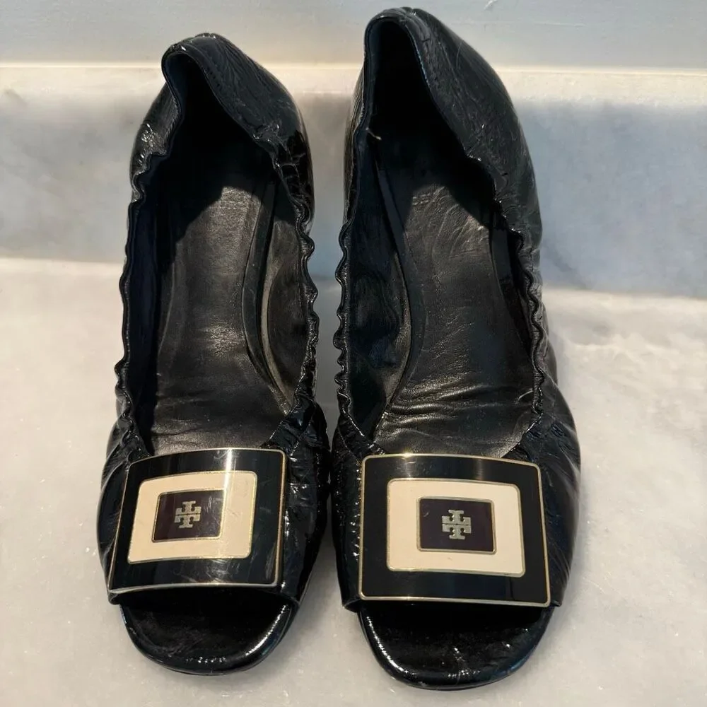 Tory Burch Leather Logo Square Peep Toe Slip-on Ballet Flats Black Size 7.5